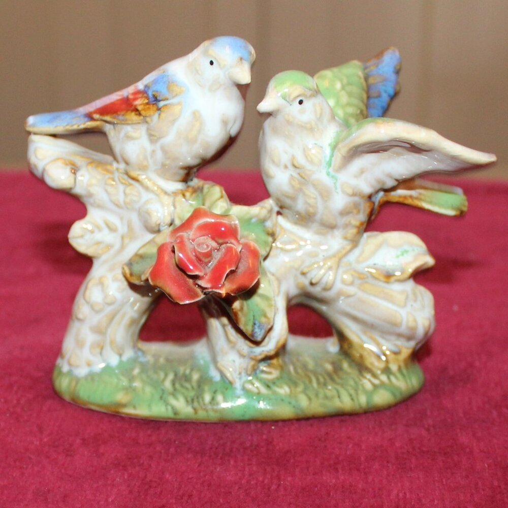 Vintage Porcelain Birds Figurine Sitting On A Branch With A Red Rose